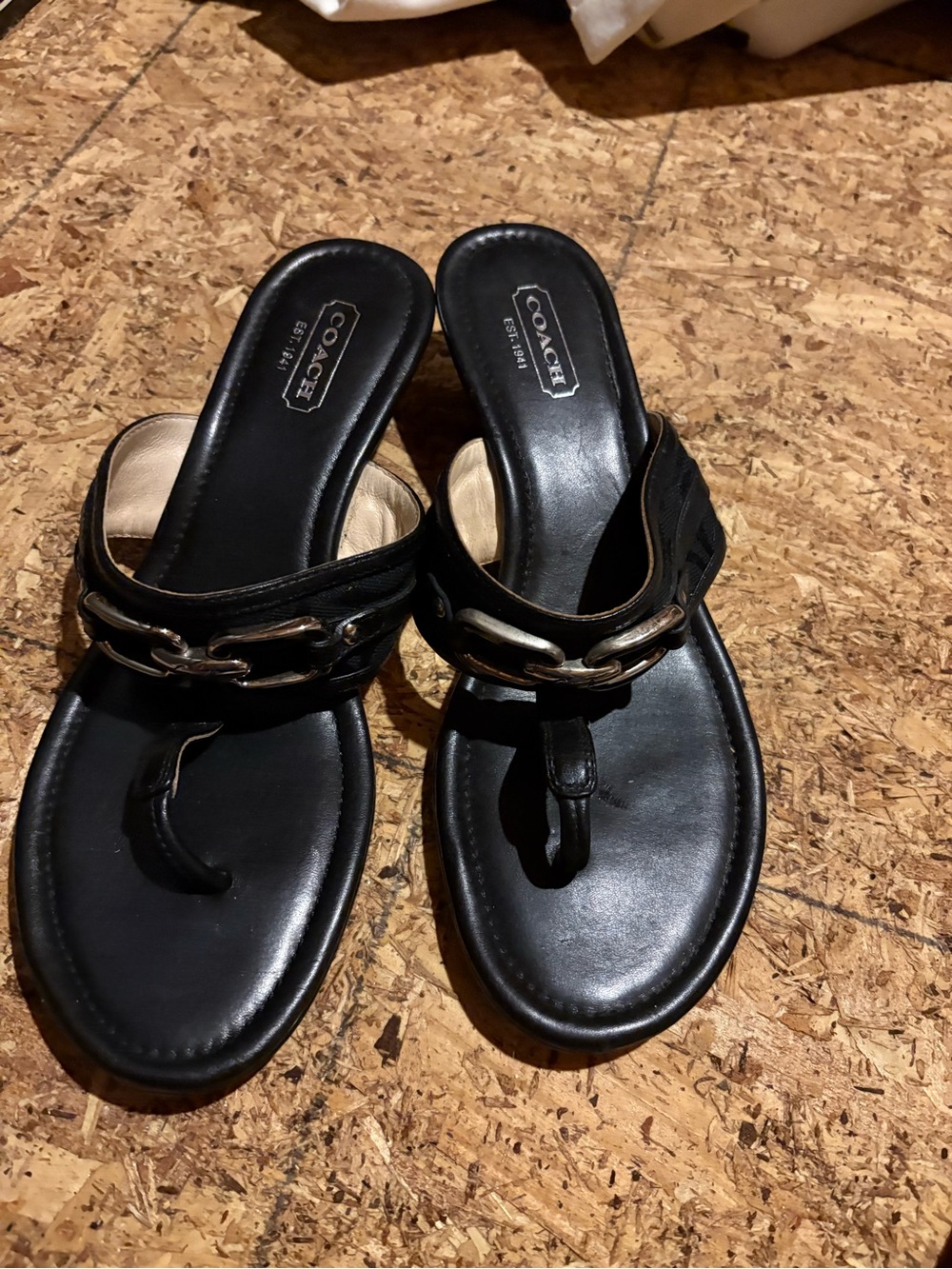 Coach Black Leather Thong Sandals with Gold Chain Detail